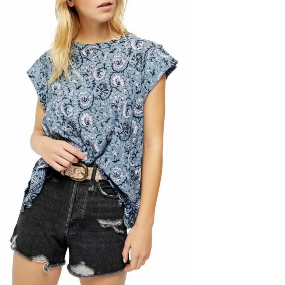 Free People High Tide Blue Tee Cap Sleeve T-Shirt Medium Boho Summer